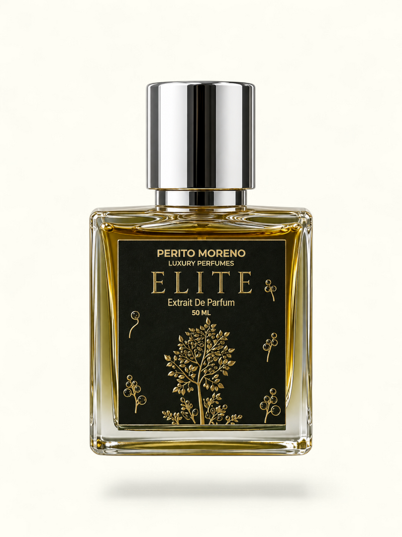 A 50 ml bottle of Perito Moreno Elite Extrait De Parfum, featuring a clear glass bottle filled with amber-colored fragrance liquid, a black label with gold botanical illustrations, and a shiny silver cap, set against a plain off-white background.