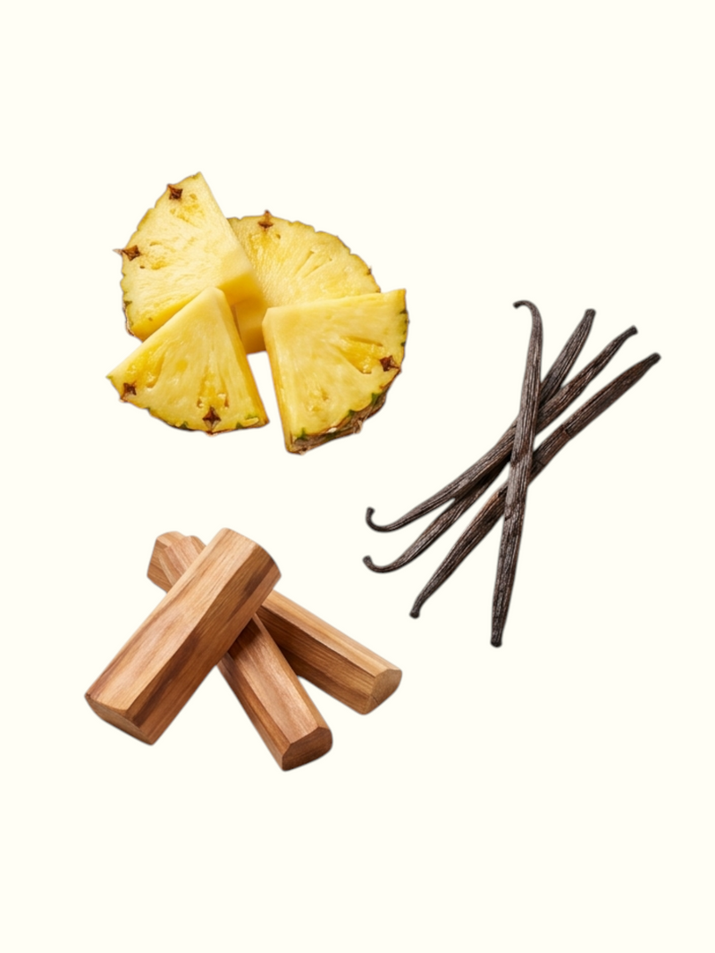 A clean product graphic for Elixir De Pina Attar perfume. On the left, pineapple slices, vanilla beans, and sandalwood blocks are arranged on an off-white background.