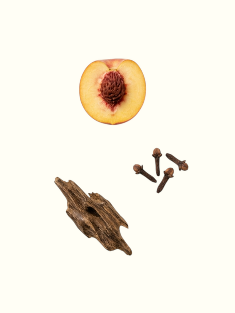 An informational graphic titled 'Fruit Ride' for Attar, showing a sliced peach, cloves, and a piece of wood on a light beige background with a list of ingredients for top, middle, and base notes.