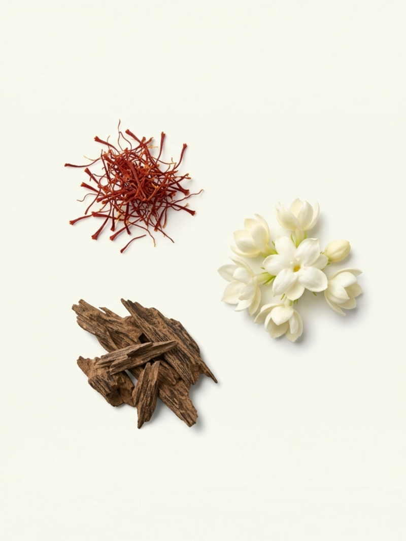 PERFUME BAY Meditation Swipe Next Chapter fragrance ingredients featuring saffron threads, white jasmine, and oud wood.