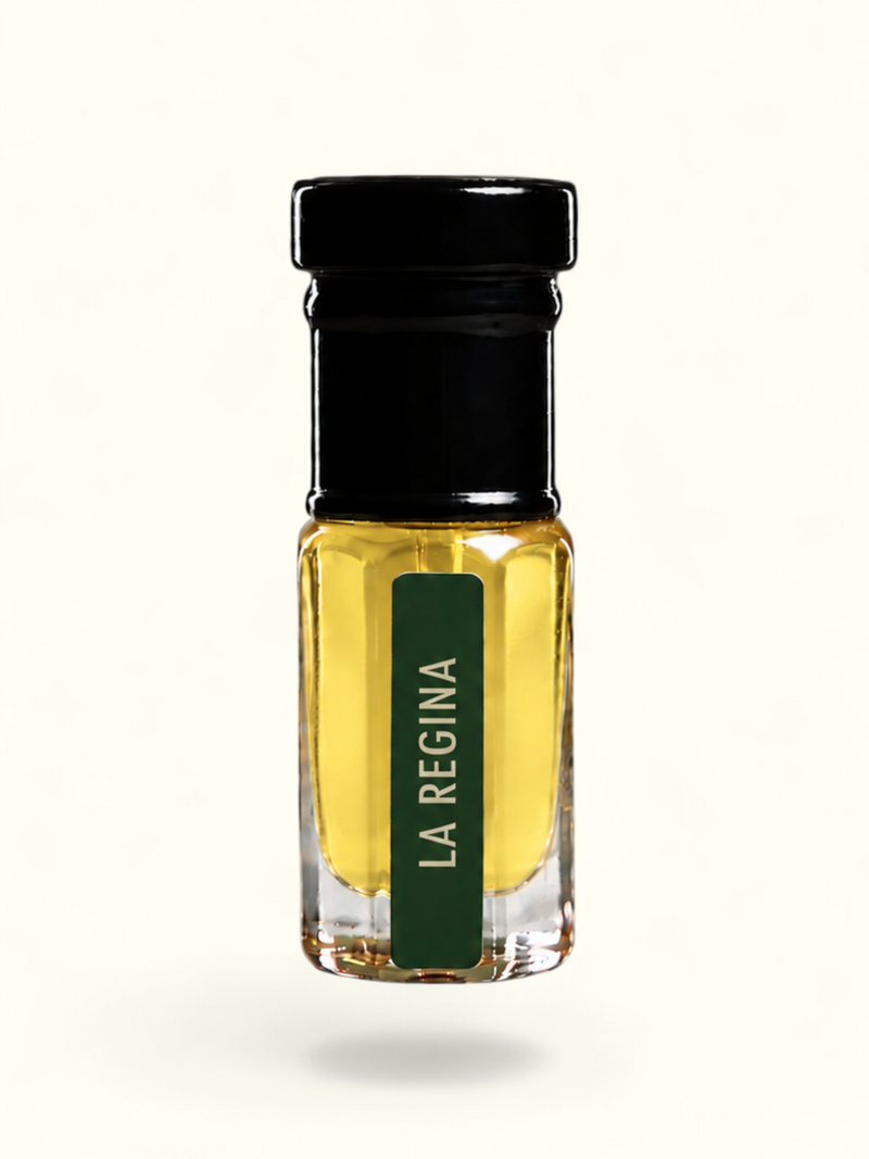 PERFUME BAY La Regina floral musky oriental attar in a small glass bottle with a black cap and green label