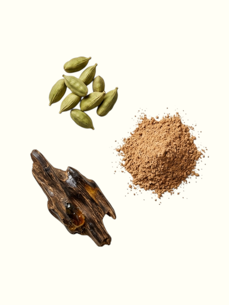 An informational product graphic for Attar called Meditation Swipe. The left side shows whole green cardamom pods, a pile of brown attar powder, and a piece of dark wood.