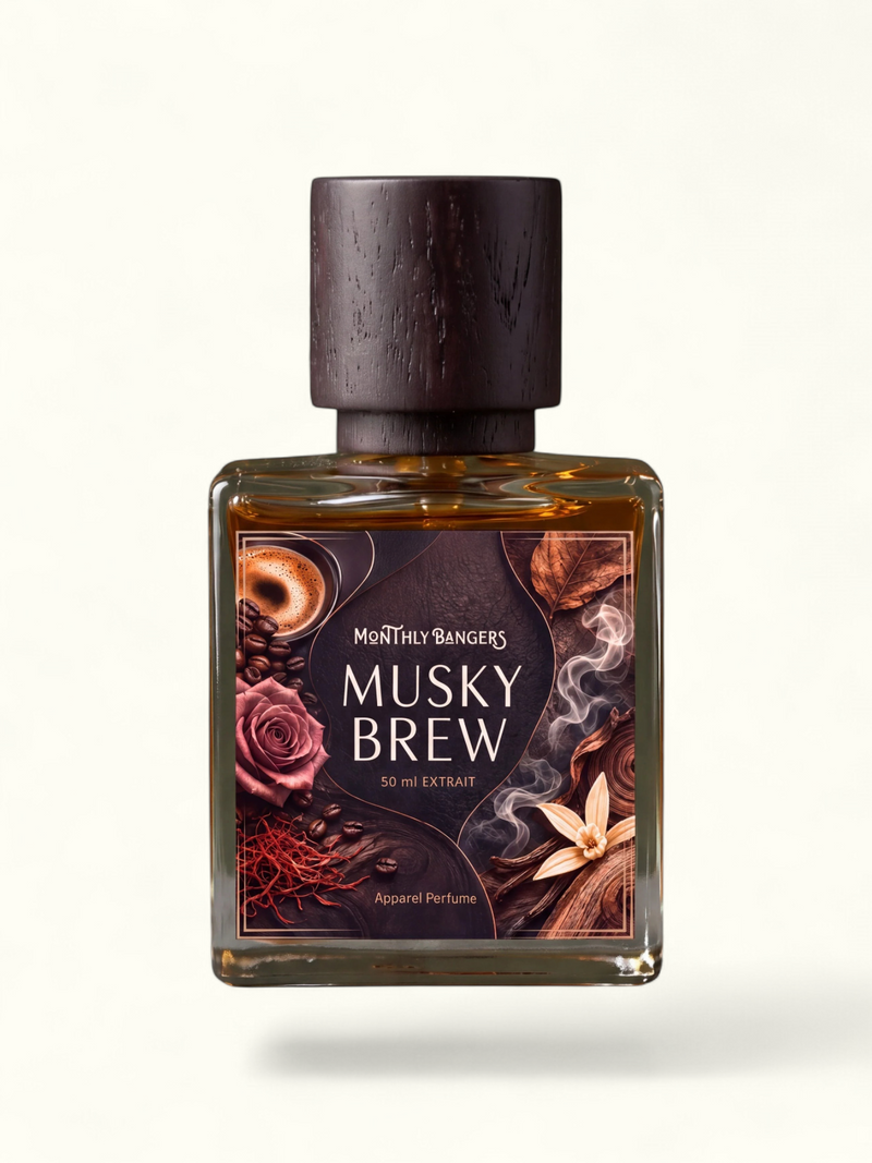 PERFUME BAY Musky Brew apparel perfume in a glass bottle with a dark wood cap, displayed on a slate stone surface.