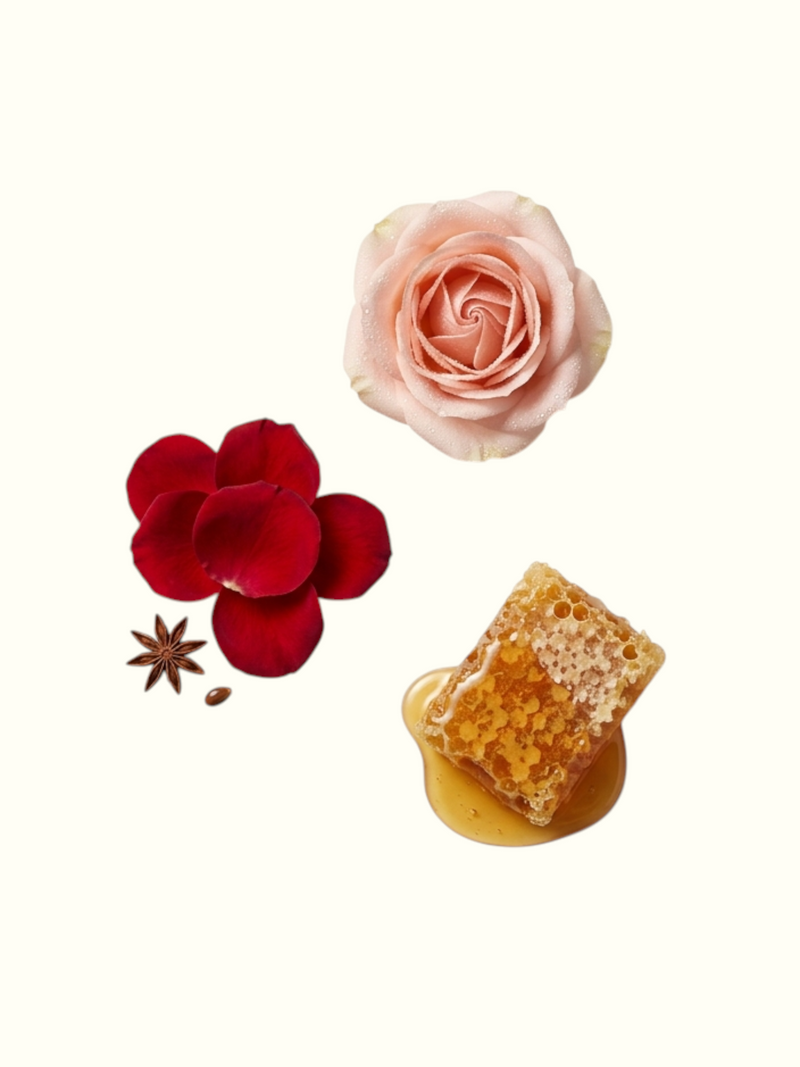 A fragrance notes graphic for Taif Attar. The left side features a styled flat-lay of a light pink rose, red rose petals, a piece of honeycomb with honey, and star anise on a cream background.