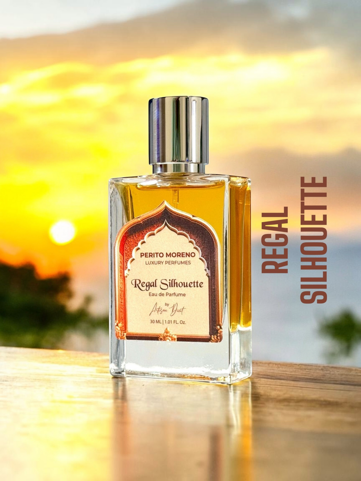 PERFUME BAY Regal Silhouette eau de parfum bottle with an ornate arch label against a golden sunset background