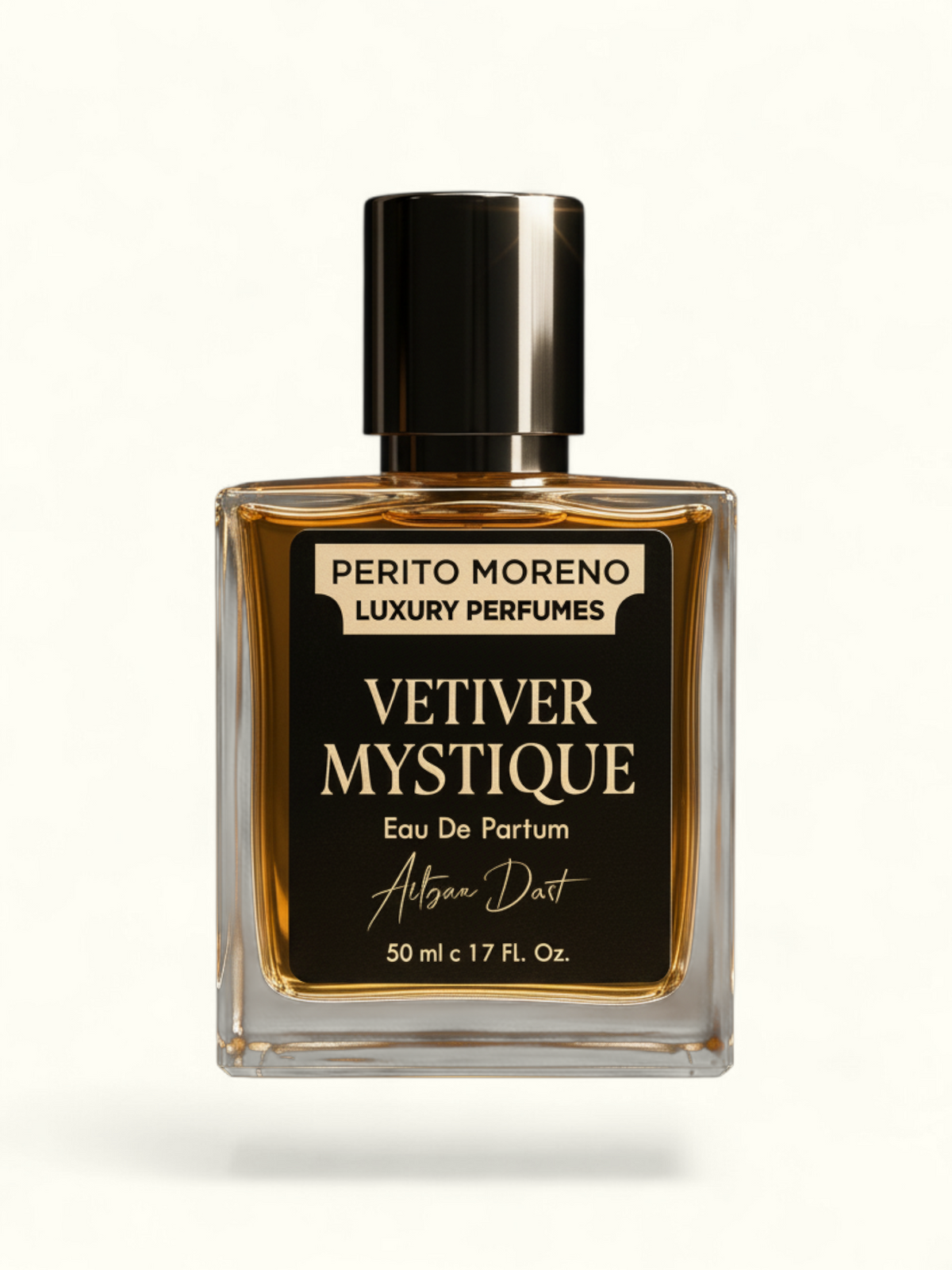 PERFUME BAY Vetiver Mystique eau de parfum in a rectangular glass bottle with a black label and gold lettering.