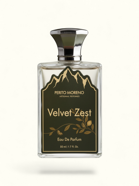 PERFUME BAY Velvet Zest eau de parfum in a clear glass bottle with a dark green mountain-themed label and silver cap.