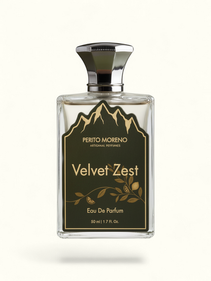 PERFUME BAY Velvet Zest eau de parfum in a clear glass bottle with a dark green mountain-themed label and silver cap.