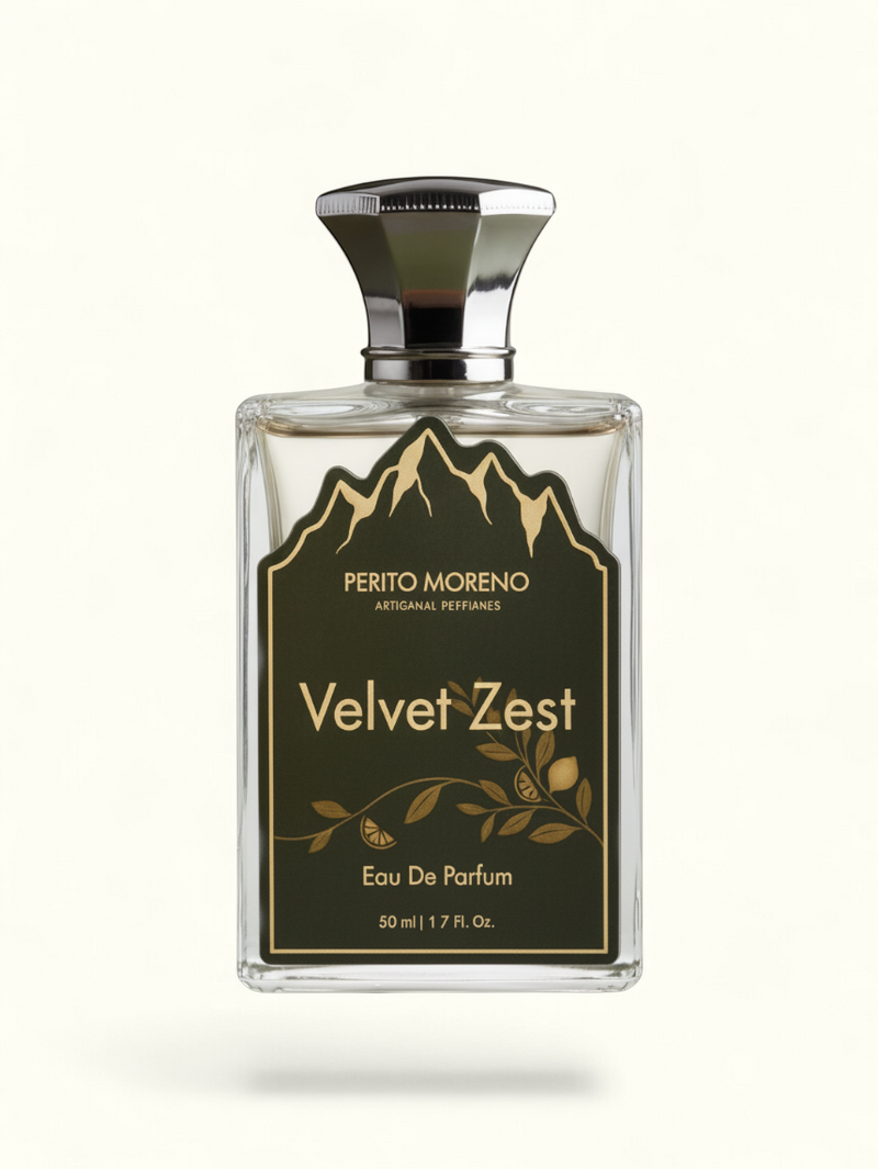 PERFUME BAY Velvet Zest eau de parfum in a clear glass bottle with a dark green mountain-themed label and silver cap.