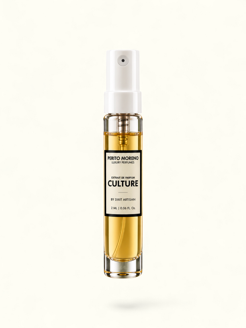 PERFUME BAY Culture eau de parfum sample vial in a clear glass bottle standing on a textured grey stone surface