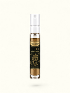 PERFUME BAY Elite 2ml sample spray bottle with gold tree illustration on a black label against a white background