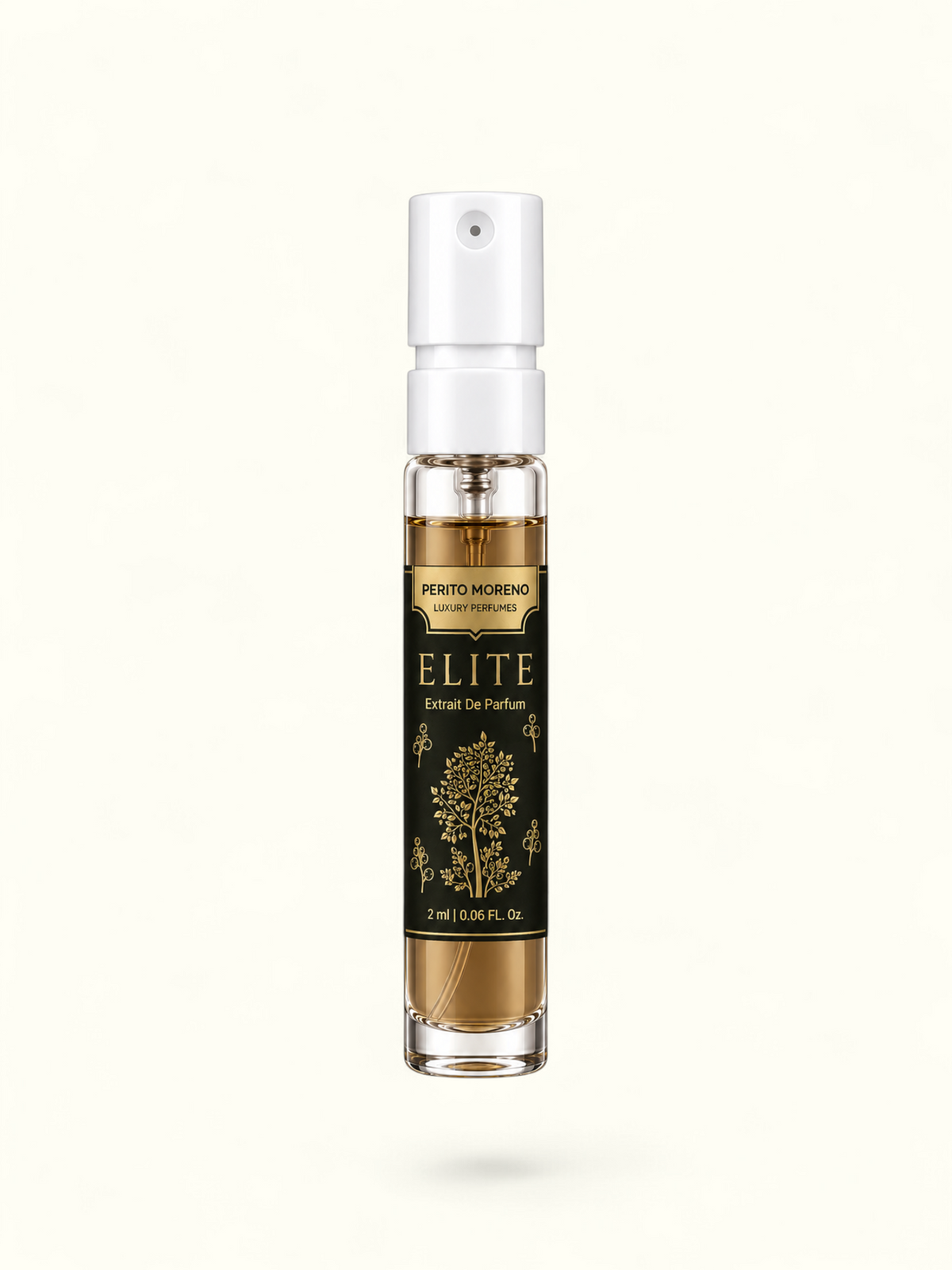 PERFUME BAY Elite 2ml sample spray bottle with gold tree illustration on a black label against a white background
