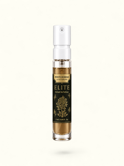 PERFUME BAY Elite 2ml sample spray bottle with gold tree illustration on a black label against a white background