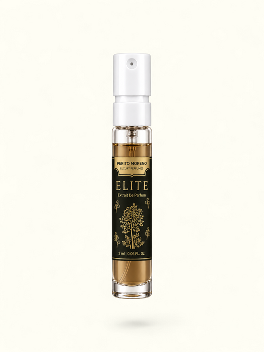 PERFUME BAY Elite 2ml sample spray bottle with gold tree illustration on a black label against a white background