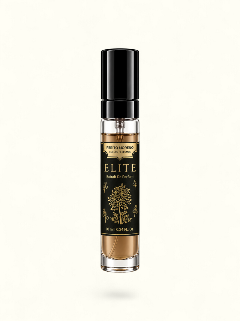 PERFUME BAY Elite Extrait De Parfum in a 10ml glass spray bottle with a black label and gold tree illustration.