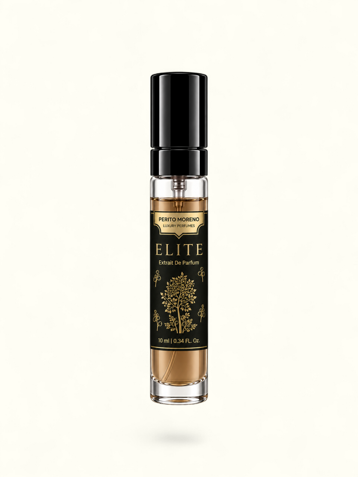 PERFUME BAY Elite Extrait De Parfum in a 10ml glass spray bottle with a black label and gold tree illustration.