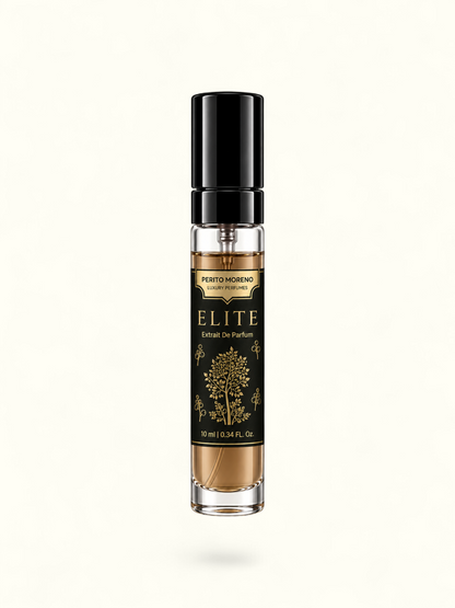 PERFUME BAY Elite Extrait De Parfum in a 10ml glass spray bottle with a black label and gold tree illustration.