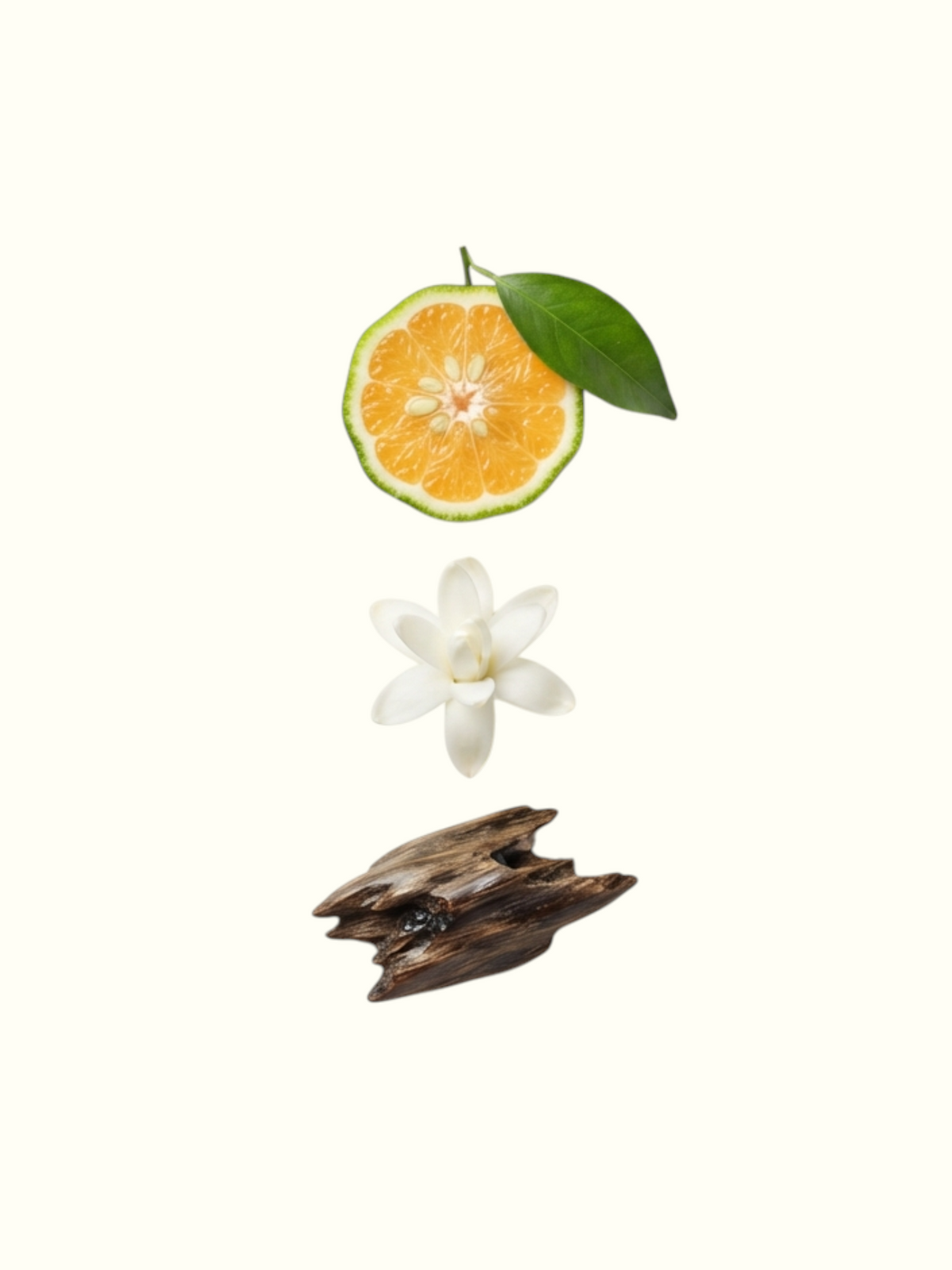 A clean product information graphic for 'Elite' Eau de Parfum. The left side features a stylized arrangement of ingredients, including a sliced orange with a green leaf, a white flower, and dark brown wood pieces, on a warm off-white background.