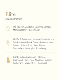 A clean product information graphic for 'Elite' Eau de Parfum. The left side features a stylized arrangement of ingredients, including a sliced orange with a green leaf, a white flower, and dark brown wood pieces, on a warm off-white background.