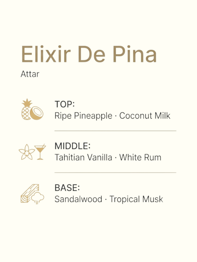 A clean product graphic for Elixir De Pina Attar perfume. On the left, pineapple slices, vanilla beans, and sandalwood blocks are arranged on an off-white background.