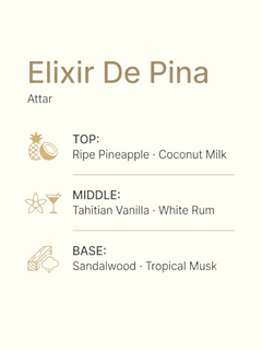 A clean product graphic for Elixir De Pina Attar perfume. On the left, pineapple slices, vanilla beans, and sandalwood blocks are arranged on an off-white background.