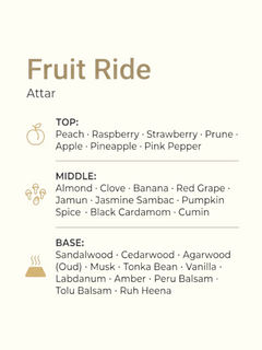 An informational graphic titled 'Fruit Ride' for Attar, showing a sliced peach, cloves, and a piece of wood on a light beige background with a list of ingredients for top, middle, and base notes.