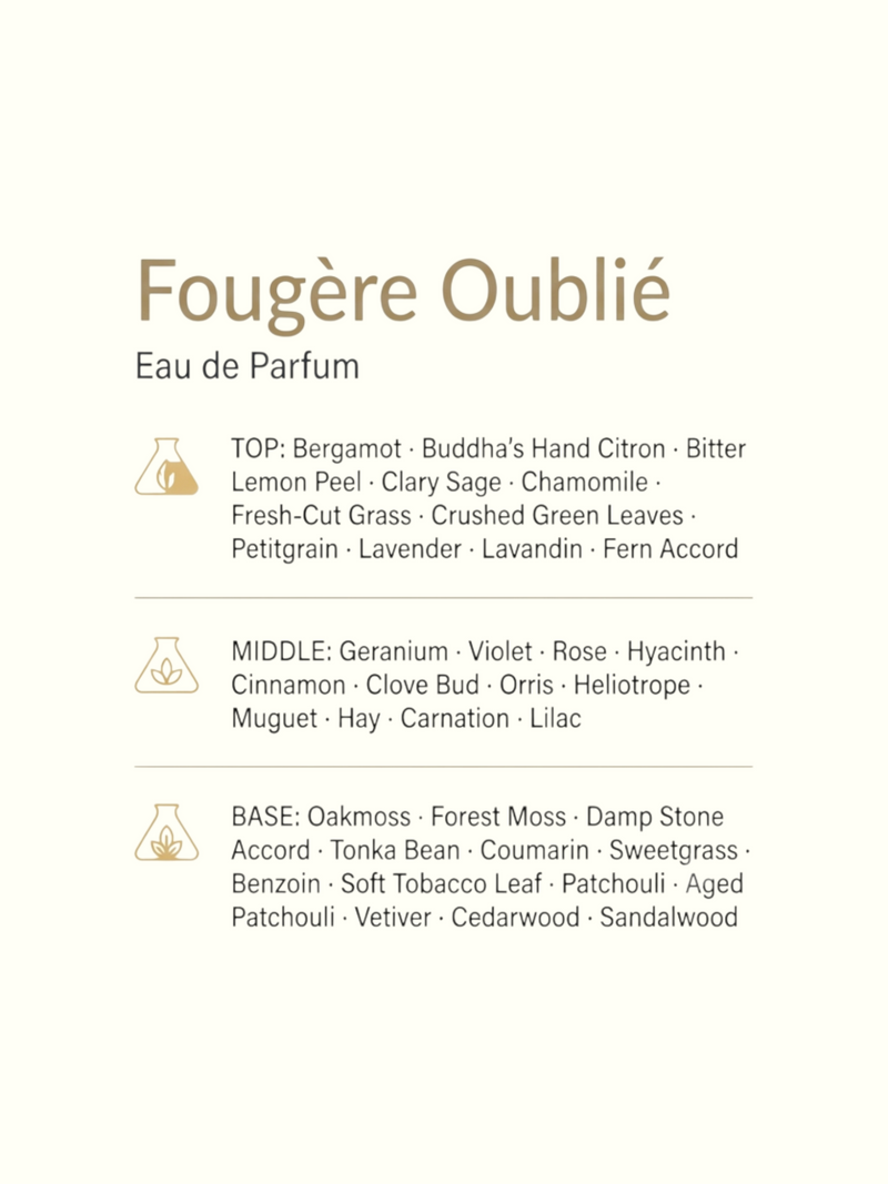 PERFUME BAY Fougère Oublié eau de parfum fragrance notes list featuring bergamot, lavender, oakmoss, and forest moss.
