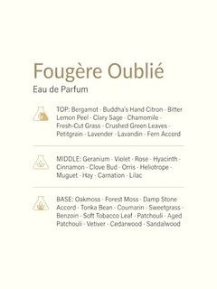 PERFUME BAY Fougère Oublié eau de parfum fragrance notes list featuring bergamot, lavender, oakmoss, and forest moss.