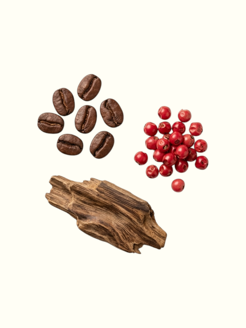PERFUME BAY Musky Brew fragrance ingredients featuring roasted coffee beans, pink peppercorns, and raw dark wood.