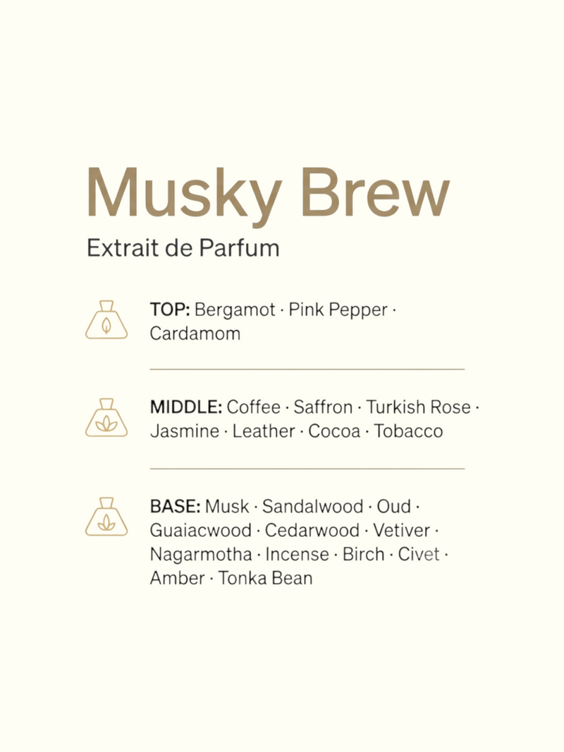 PERFUME BAY Musky Brew Extrait de Parfum fragrance notes list featuring bergamot, coffee, leather, and musk.