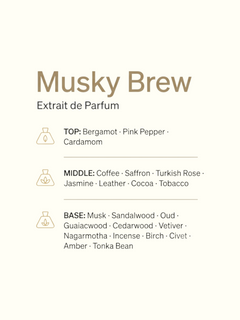 PERFUME BAY Musky Brew Extrait de Parfum fragrance notes list featuring bergamot, coffee, leather, and musk.