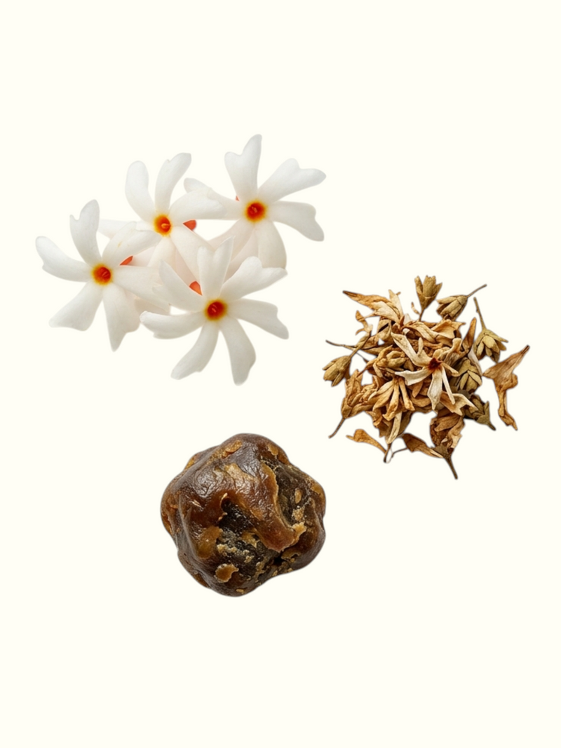 Product presentation for Malikat Al Layal Attar perfume, showing white frangipani flowers, dried petals, and a dark brown aged civet base on the left, alongside text detailing the scent's top, middle, and base notes on the right.