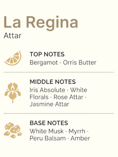La Regina Attar fragrance profile graphic on a light cream background, featuring lime slices, a purple iris flower, amber resin pieces, and text listing top, middle, and base notes including Bergamot, Orris Butter, Iris Absolute, White Florals, Jasmine Attar, White Musk, Myrrh, and Amber.