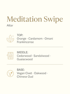 An informational product graphic for Attar called Meditation Swipe. The left side shows whole green cardamom pods, a pile of brown attar powder, and a piece of dark wood.