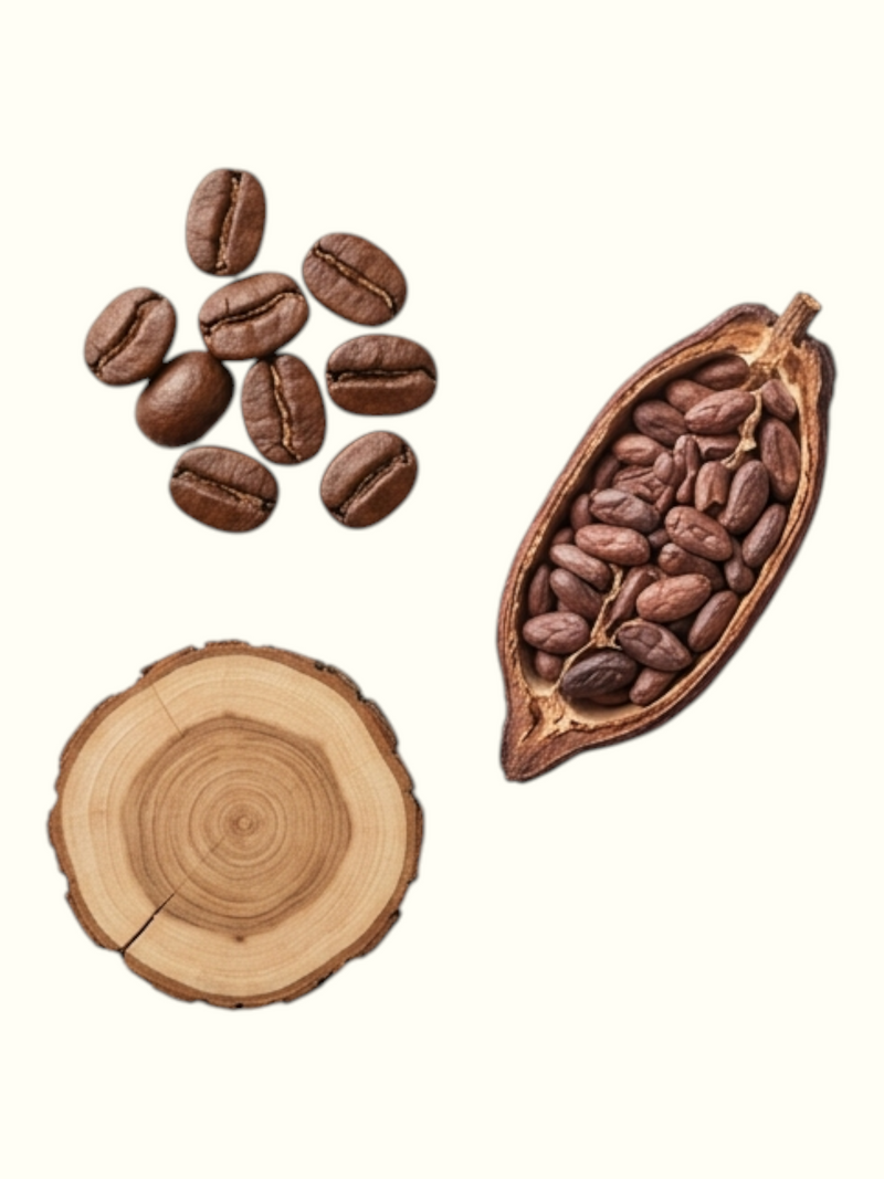 A product information graphic for Mocha Musc Attar perfume. The left side features artistic illustrations of coffee beans, a split cocoa pod, and a wood slice on a cream background.