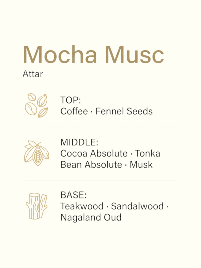 A product information graphic for Mocha Musc Attar perfume. The left side features artistic illustrations of coffee beans, a split cocoa pod, and a wood slice on a cream background.