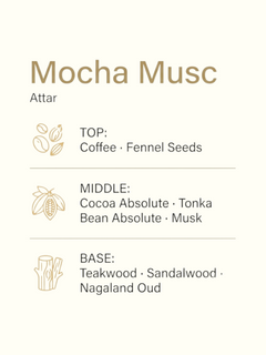 A product information graphic for Mocha Musc Attar perfume. The left side features artistic illustrations of coffee beans, a split cocoa pod, and a wood slice on a cream background.