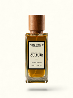 PERFUME BAY Culture eau de parfum in a rectangular glass bottle with a wooden cap, displayed on a textured stone base.
