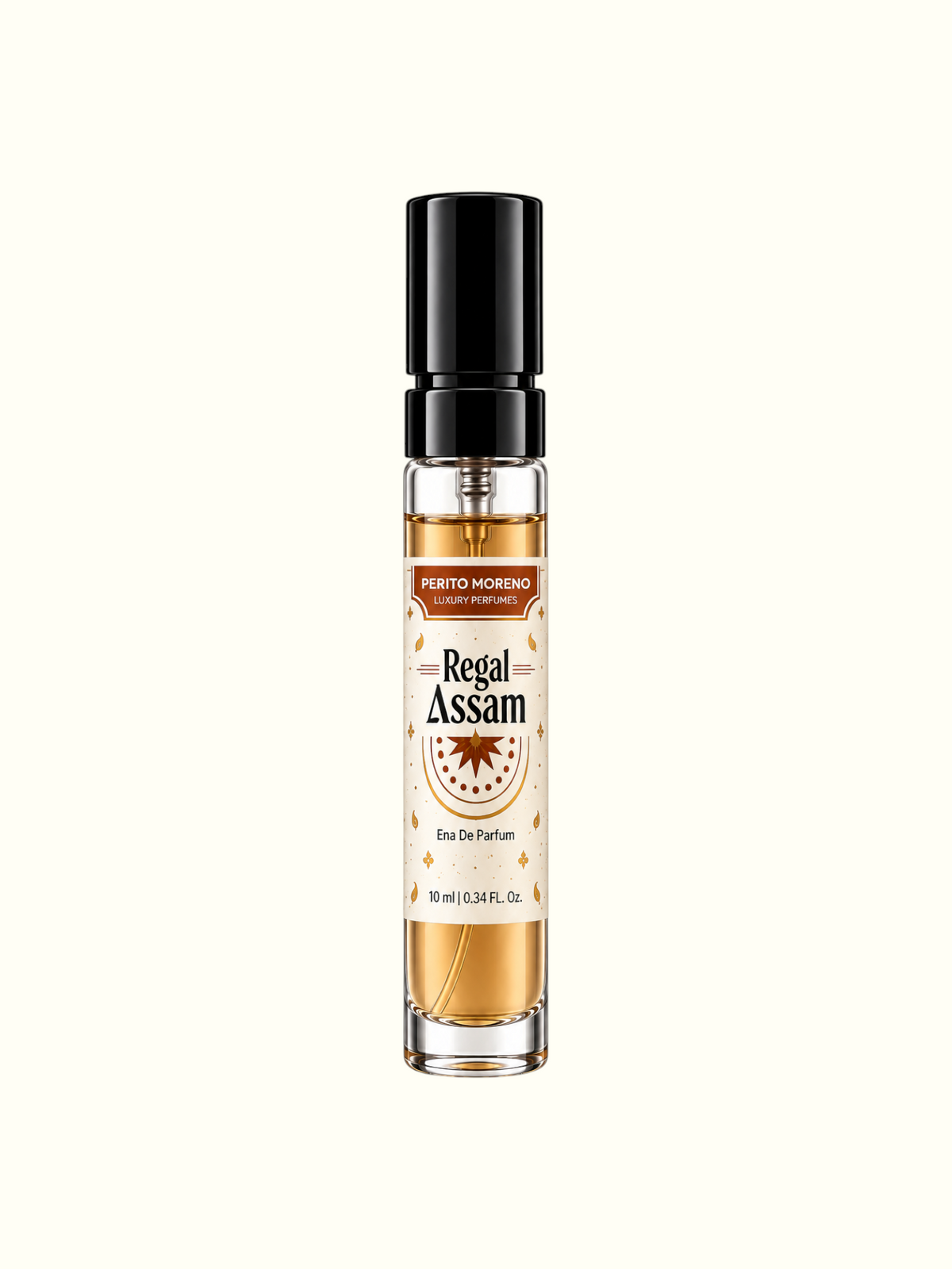 A 10 ml glass perfume roller bottle with a black spray cap, containing amber-colored fragrance oil. The label reads 'PENTO MORENO Regal Assam Eau De Parfum'.