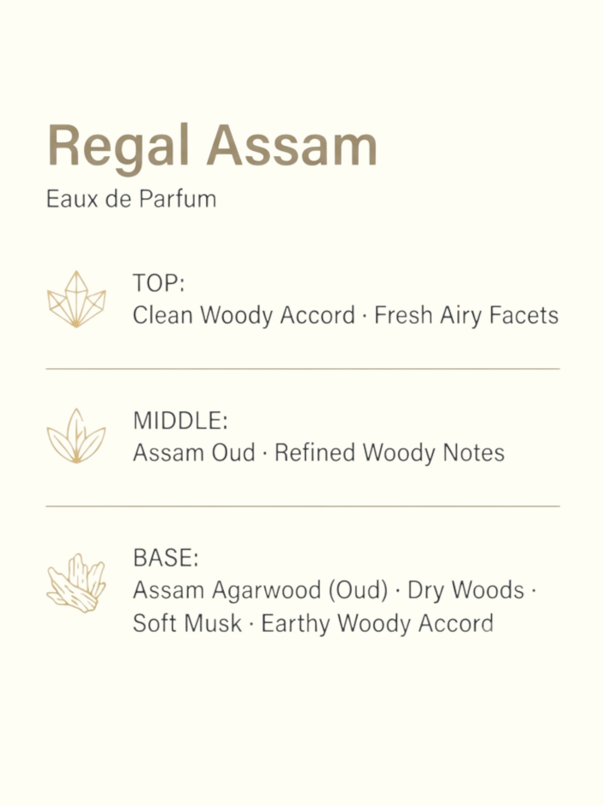 A perfume fragrance card for 'Regal Assam' from Eaux de Parfum, showing three natural wood pieces (a rectangular block and two textured driftwood pieces) on the left, with descriptive text on the right detailing the scent profile from top to base.