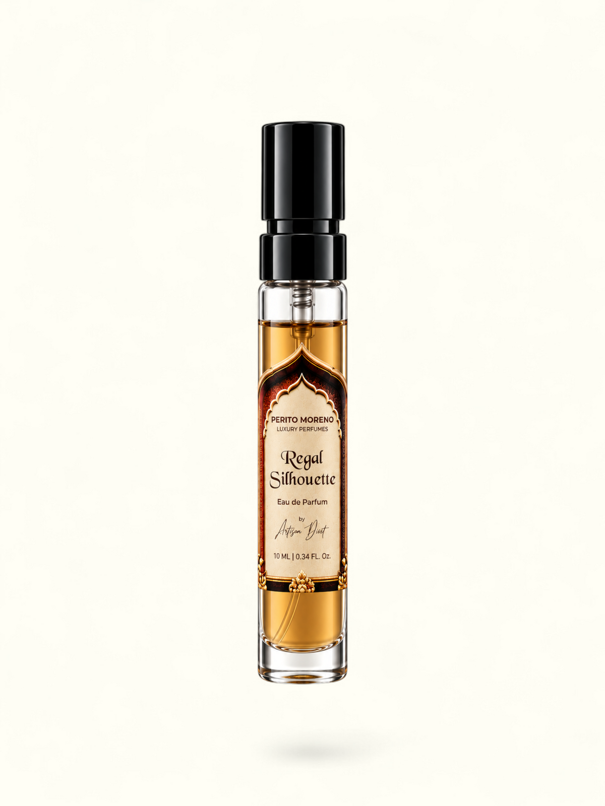 PERFUME BAY Regal Silhouette 10ml eau de parfum travel spray with an ornate label design and golden fragrance liquid.