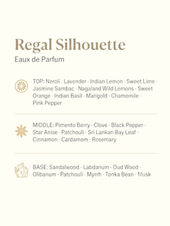 A perfume notes graphic for 'Regal Silhouette' Eau de Parfum. The left side features illustrations of the key ingredients: a fresh yellow lemon slice, star anise, and cinnamon sticks.