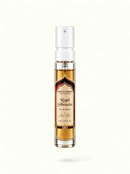 PERFUME BAY Regal Silhouette 2ml eau de parfum sample spray bottle with ornate vintage-style label on white background