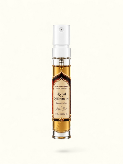 PERFUME BAY Regal Silhouette 2ml eau de parfum sample spray bottle with ornate vintage-style label on white background