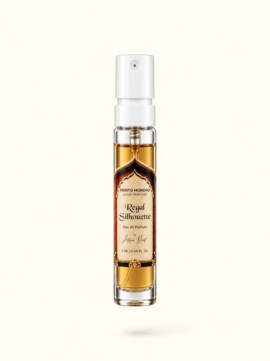 PERFUME BAY Regal Silhouette 2ml eau de parfum sample spray bottle with ornate vintage-style label on white background