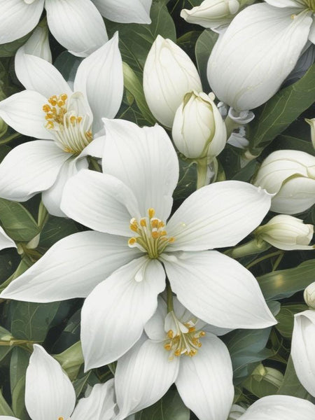 A close-up image of white jasmine flowers with green leaves.