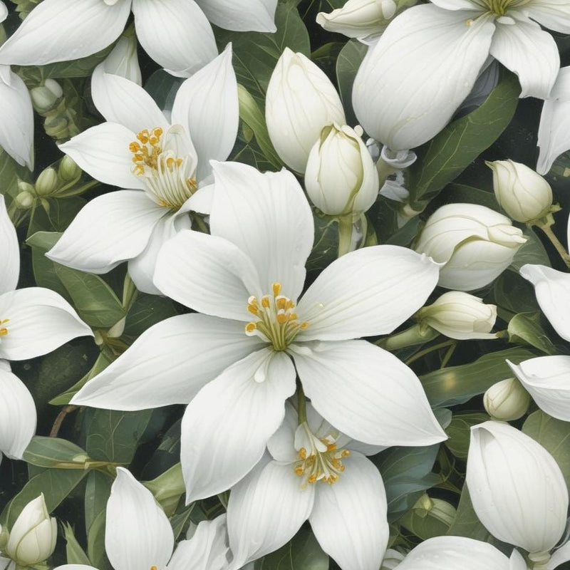 A close-up image of white jasmine flowers with green leaves.