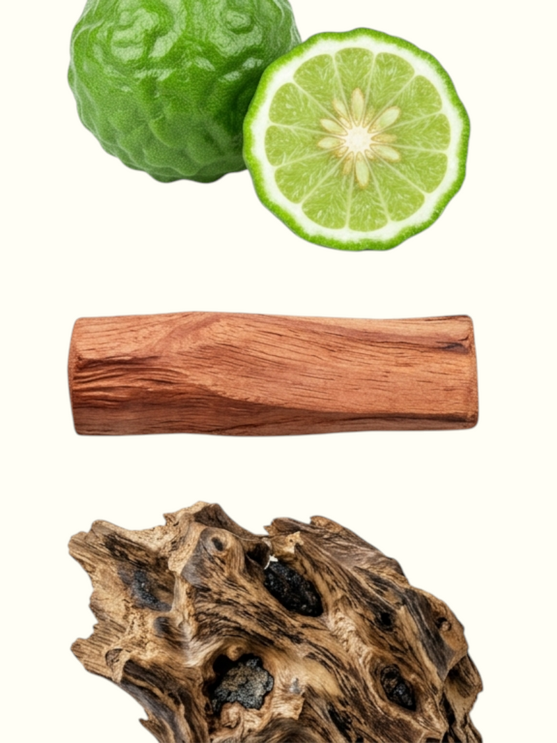 A product information graphic for 'Saltanat Attar' perfume. The left side features fresh green kumquat fruits, a sliced green kumquat showing its pulp, a polished wooden rod, and a piece of textured driftwood on a cream background.