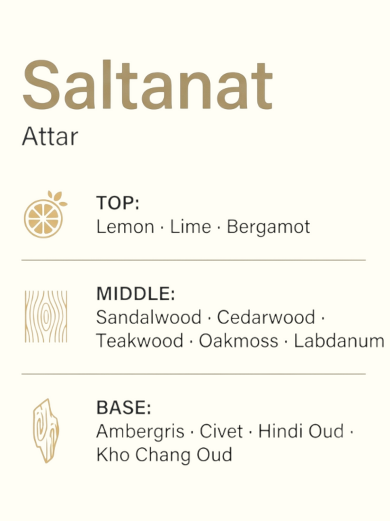 A product information graphic for 'Saltanat Attar' perfume. The left side features fresh green kumquat fruits, a sliced green kumquat showing its pulp, a polished wooden rod, and a piece of textured driftwood on a cream background.