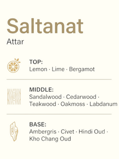 A product information graphic for 'Saltanat Attar' perfume. The left side features fresh green kumquat fruits, a sliced green kumquat showing its pulp, a polished wooden rod, and a piece of textured driftwood on a cream background.